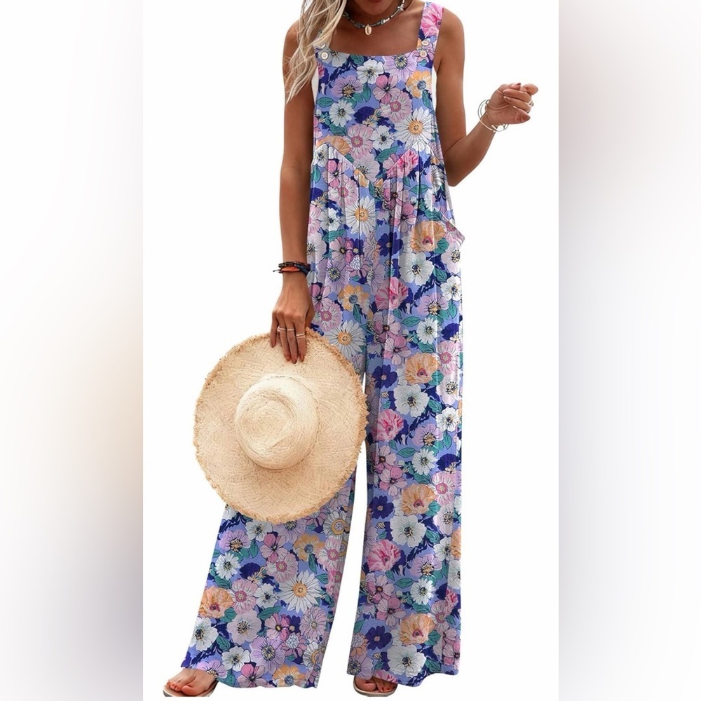🆕Wide Leg Jumpsuits Summer Boho Floral Printed Baggy Rompers with Pockets